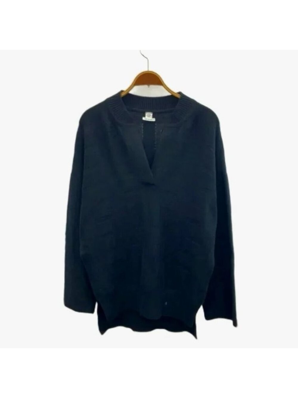 Hermes H Jacquard V-neck Skipper Tunic Knit Sweater Black Long Sleeve Wool 38